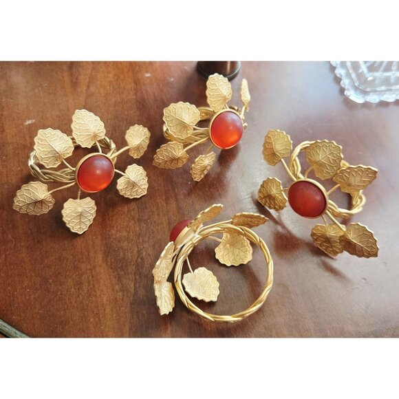 Unknown Other - Gold Leaves & Amber Gemstone Napkin Rings Set of 4